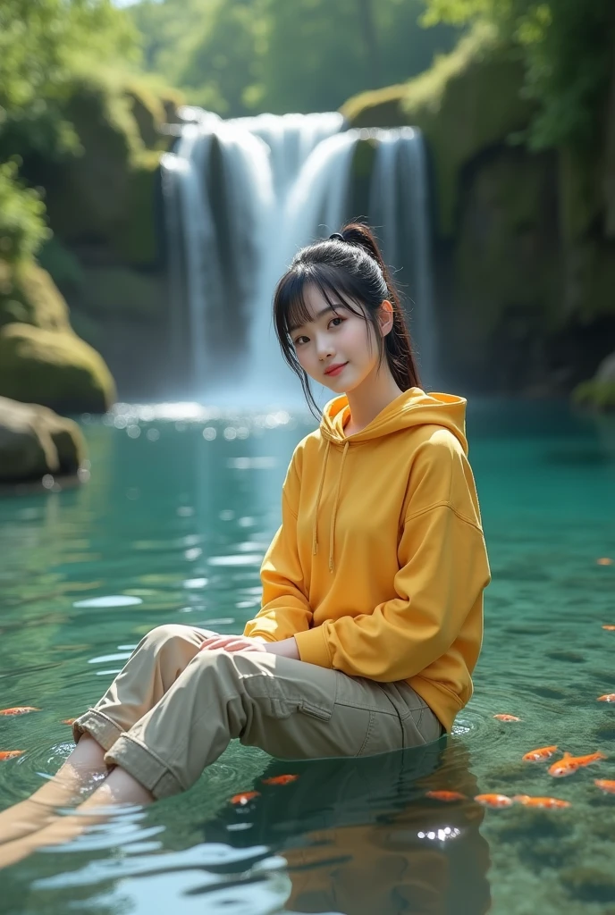 Beautiful Korean girl, white skin, well-groomed face, black hair in a ponytail, yellow hoodie, cargo pants, sitting soaking in very clear river water, lots of fish swimming, small rocks covered in green moss, background, very beautiful waterfall, original photo
