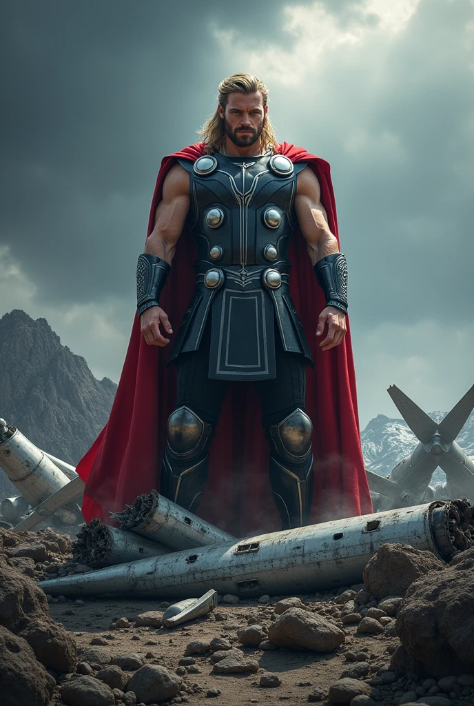 Thor standing on crashed aeroplane 