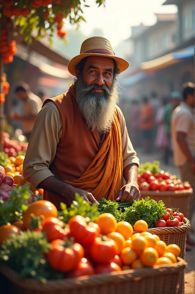 Scene: Ram stands at the local market, proudly displaying his bountiful harvest of fresh, vibrant crops. He interacts with buyers, with a smile on his face, as people crowd around his stall to purchase.Background: The market is lively, with stalls filled with different goods. The colors of the fruits and vegetables are bright and appealing, contrasting with Ram’s simple appearance.