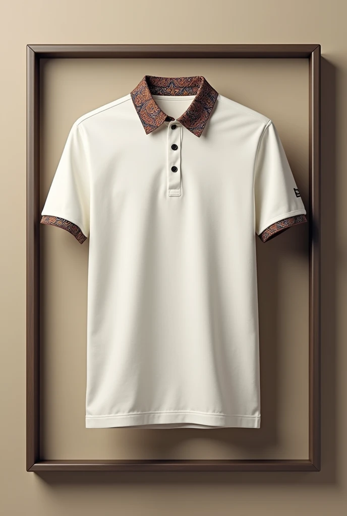 Create an image of a plain long-sleeve polo shirt with a collar featuring a batik pattern, set against a framed background. Focus solely on the shirt without any person wearing it