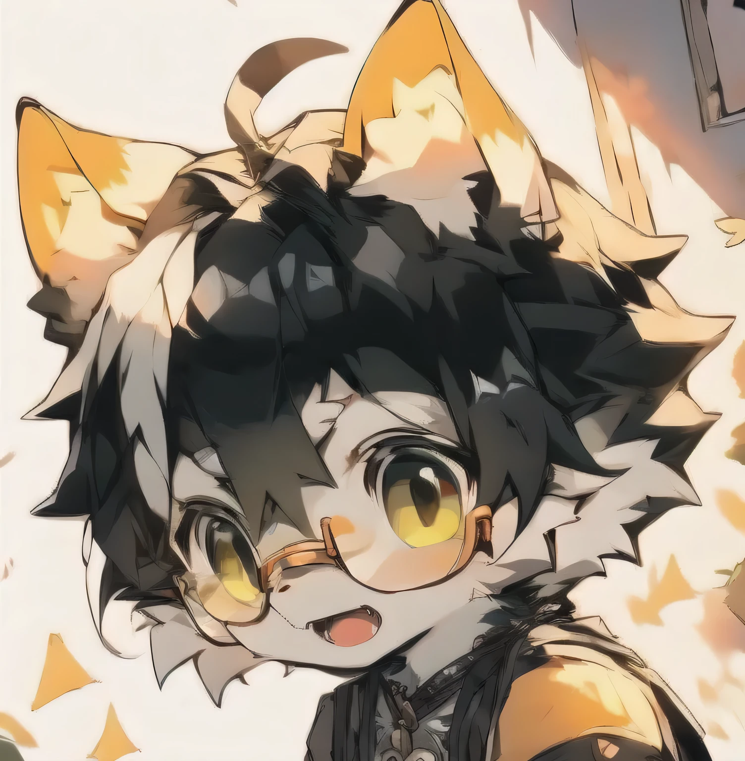 A little wolf,pupil,Black Hair，Black and white hair，Wear round-frame glasses,Black shawl，Ancient Greek style，high quality，Shota，Preschool， Q version，Lovely，positive image，whole body，positive