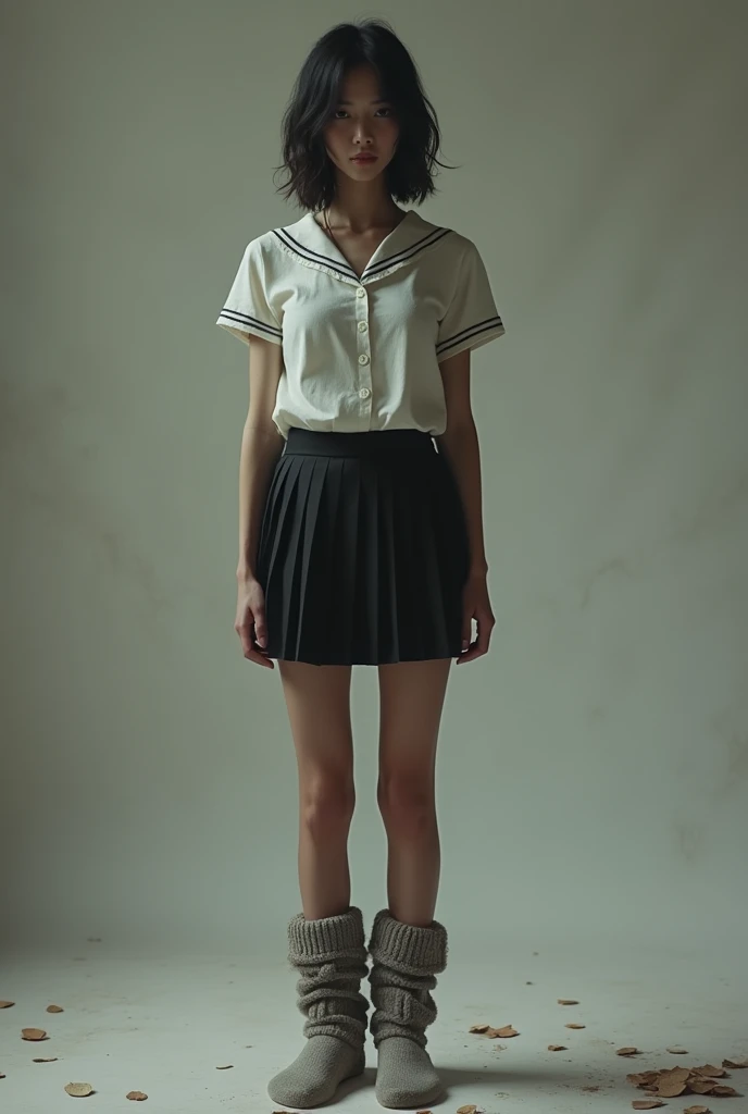 Woman without arms, long socks, short school skirt, barefoot