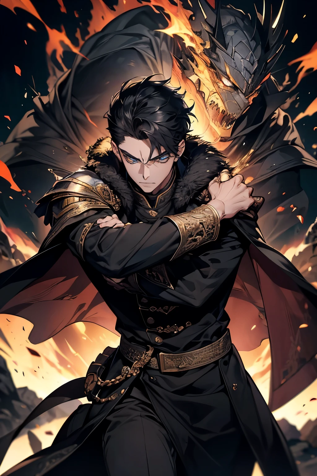 Masterpiece, High quality, Portrait, anime style, man,1 boy, angry face, Severe attack, อ้าปากจากAnger, Anger, glowing eyes, ผู้manอนิเมะตัวสูงที่มีตาสีฟ้า, black short hair, ((blue eyes)),Quiff Hairstyles, ((short black hair)), [Thick eyebrows], Palm Power,Chinese martial arts , ((black long coat)), ((all black)),Silver veil edge, (blue eyes) , handsome , Facial expressions, black knight armor , black fur shawl(Masterpiece,best quality,special, (Broad shoulders)) (muscle), Set up an attack, attack, There is an injury. , The background is a battlefield. , black light, Yellow flame,The giant golden Buddha statue is behind.((backdrop)), Eighteen Conquering Dragon Palms, Palm attack