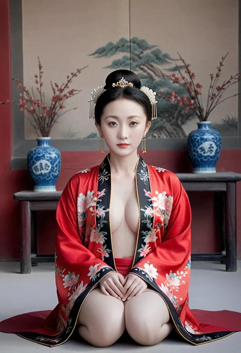 Empress of the Qing Dynasty, A nude woman wearing a red floral Hanfu jacket, Squat down with your legs wide apart, Front view, Inside the Qing Dynasty Palace