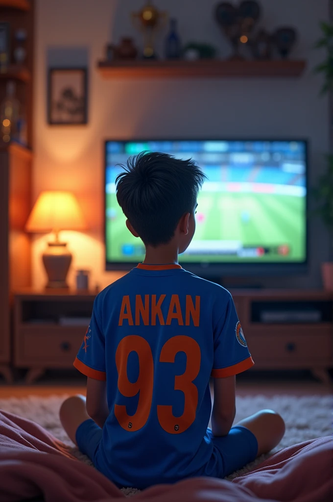 A teenage boy wearing Indian cricket team kit named Ankan with number 93 and watching match on Tv