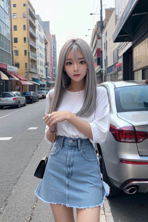 Shining, clear, white skin、Her windblown silver hair hides her beautiful face.、huge、28 years old cute sexy little beautiful face、Beautiful straight hair that stands out、growing up, Sparkling light blue eyes、long silky bangs that cover cute eyes, Sexy and cute young woman with super long hair hiding her sexy face、Shining silver hair