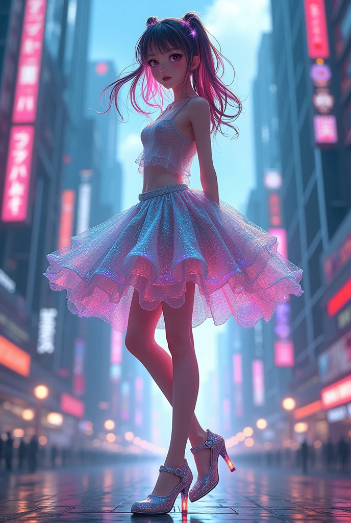 Anime girl with iridescent high heels and iridescent skirt in a ciberpunk city
