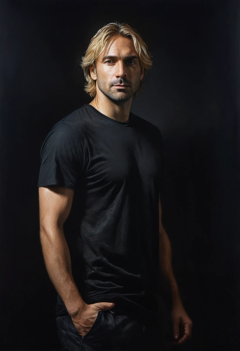 painting of a handsome man, blond, 40 years old, portrait from the waist up, dressed in a black t-shirt, dark atmosphere, cinematic scene, volumetric lights, ultra realistic, in the style of nicola samori