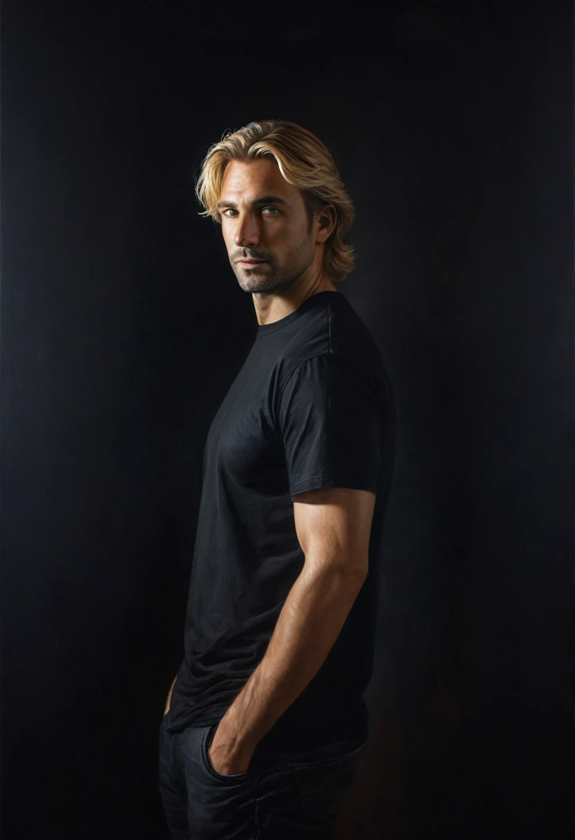 painting of a handsome man, blond, 40 years old, portrait from the waist up, dressed in a black t-shirt, dark atmosphere, cinematic scene, volumetric lights, ultra realistic, in the style of nicola samori