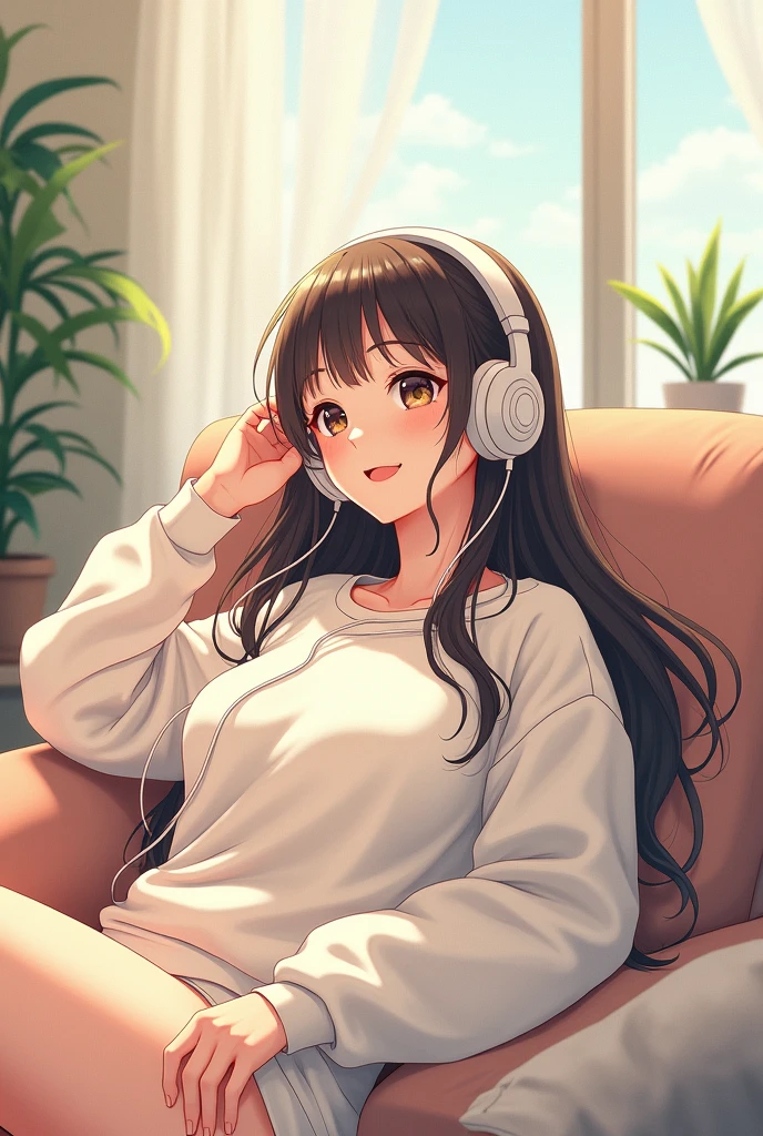 morning、Listening to music in the room、High school girl、Large Breasts、 Relax、White sweatshirt、Long hair、Using headphones, Bright environment、2D style animation, Low Fidelity、vintage、anime style illustration、Clear line drawings