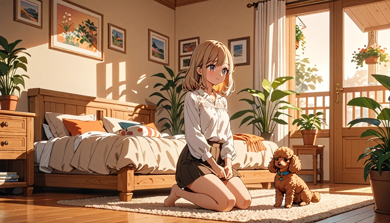 A girl wearing a white blouse, kneeling and facing an excited toy poodle, a cozy and warm-toned home interior with wooden furniture and potted plants, (best quality,4k,8k,highres,masterpiece:1.2),ultra-detailed,(animetic:1.37),intricate details,soft lighting,warm color palette,natural lighting,vibrant colors,highly detailed,extremely detailed,8k uhd,beautiful,lovely,adorable