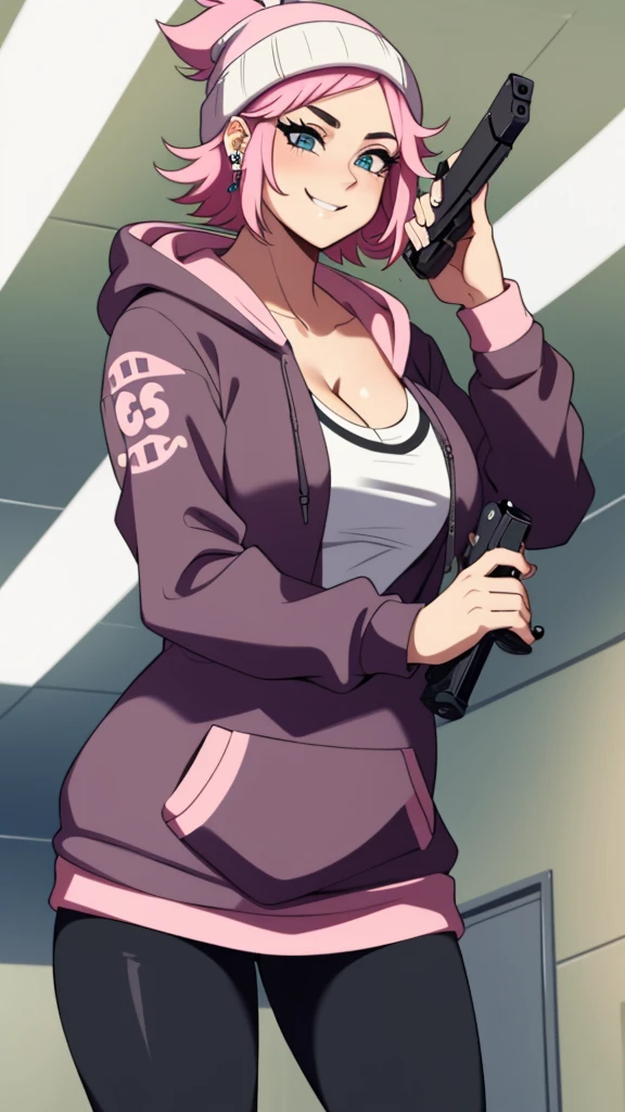 1 girl, tall chubby woman. In a university. Short messy pink hair. Wearing a beanie. Wearing a cozy plaid hoodie, cleavage. Wearing leggings. Holding a gun. Many piercings and tattoos. Eyeliner, baggy eyes. Mature, tall. Smirking, happy. 