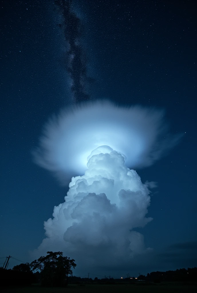 A clear sky at night during a power outage with a bright white cloud looming and the Milky Way in the background in Paraguay
