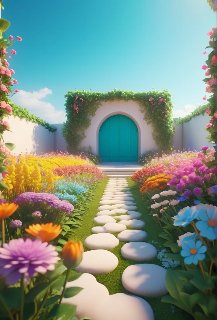 Surreal scenes, Outdoor grounding, Clean, simple, spacious background, Bright light, Low saturation, Dopamine color, A few colorful diffuse gradients and natural elements such as flowers, Use creative and imaginative visual elements to add interest and depth to the scene, C4D, Octane rendering, HD8K