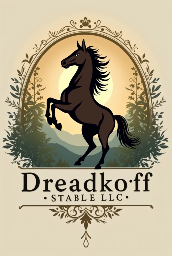 1. **Theme:**
   - Elements related to horses and equestrian symbols, such as horses, a rearing horse, a saddle, or a stable.

2. **Colors:**
   - Natural colors such as brown, green, gold, or blue, related to horses.

3. **Font:**
   - A classic and clear font that appears professional and graceful.

4. **Elements:**
   - A horse silhouette or an equestrian-related symbol (such as a bridle or trainer) can be included.

5. **Style:**
   - Maintain a clean and contemporary style that conveys professionalism and credibility. Also i want to add this name "Dreadroff Stable LLC" 
