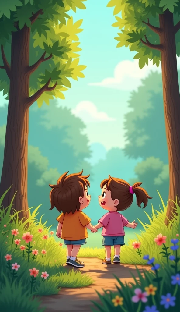 Viral cartoon in 4K quality is a one-time thing in the genre of digital illustration, two good friends went to walk in the forest. They were very happy to see the beautiful flowers and trees.