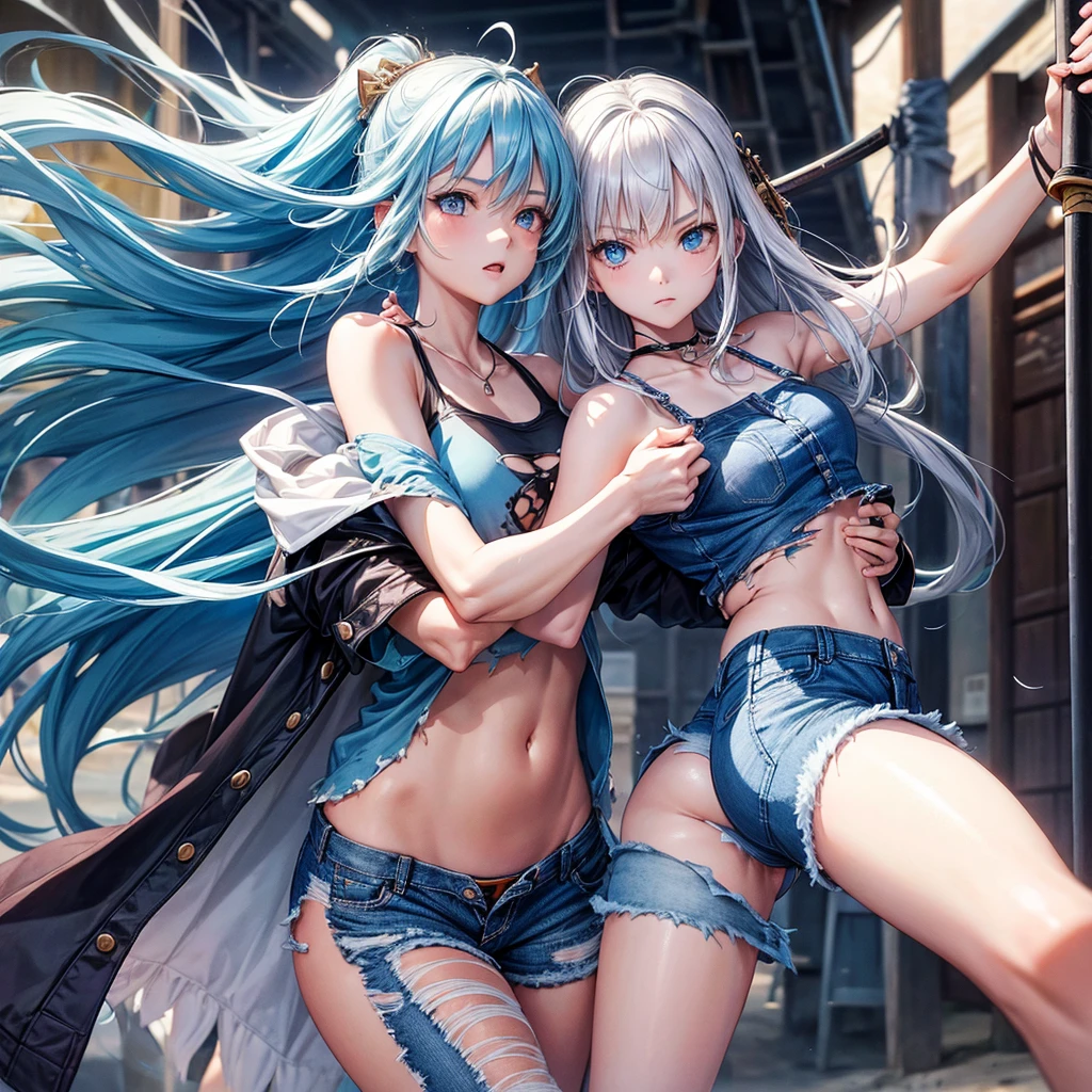 2 girl wearing torn clothes, very short denim, very long white hair, was swinging a katana that emitted blue flames, beach atmosphere
