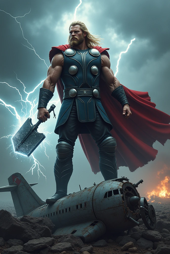 Thor standing on crashed aeroplane with storm breaker