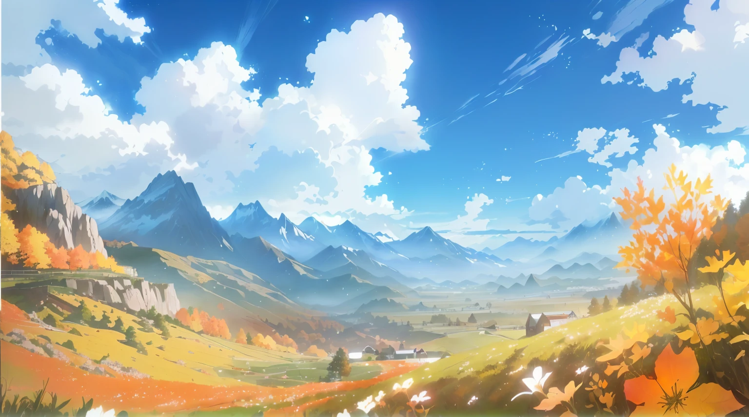 Anime Landscape with mountains and flowers in the foreground, Anime Landscape wallpaper, beautiful Anime Landscape, Anime Landscape, Anime Background art, Anime Landscape, Anime rural scenery, Anime Background, Detailed scenery —width 672, Anime Landscape concept art, Anime beautiful peaceful scene, Beautiful anime scene, Anime movie background, Anime Nature, Huge landscape!, 4k anime wallpaper，autumn，Autumn scenery，The whole changes to orange