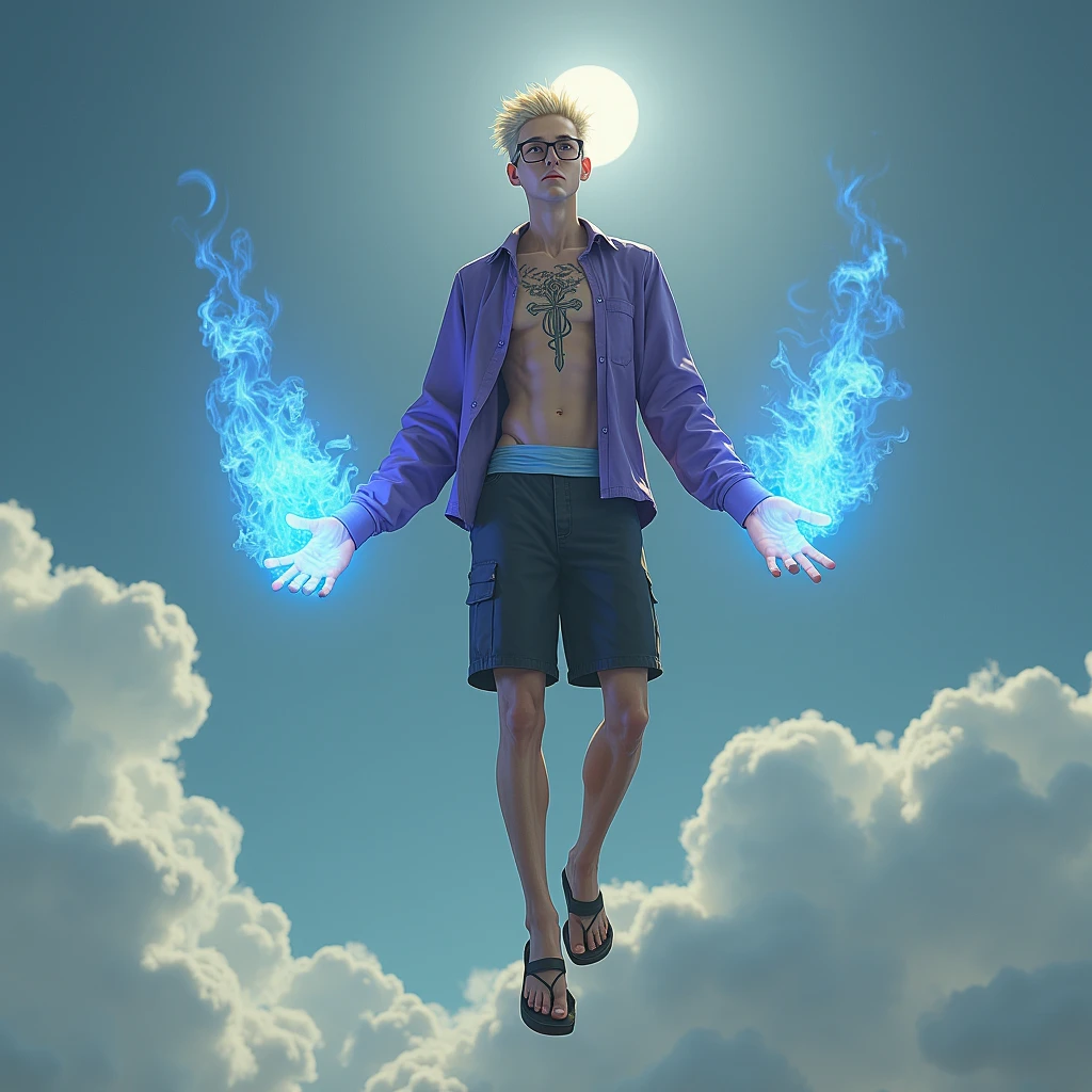 high resolution、8k、Detailed depiction、Real、Realistic、Realistic、White male、Skinny、tall、Long legs、middle aged、Blonde、Both sides are peeling、Spiky Hair、open brests、((A tattoo of a cross and a U in the center of his chest))、Purple Shirt、Light blue waistband、Black shorts、Sandals、My hands are wrapped in blue flames like wings、Floating in the sky、((Square Glasses))、Stubble