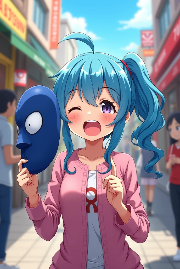 1 blue haired anime girl with ponytail shopping and trying on blue hero mask and laughing 