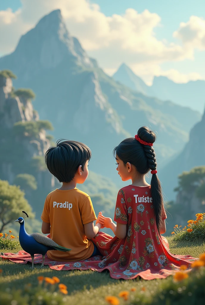 Create a 3D image of 2 nepali devotional Beard boy and 20 years old nepali devotional girl , Who is sitting next to Krishna ji and Kristen ji playing the flute, they both sit together on the mountain boy wearing T-shirt name Pradip written on it and girl wearing T-shirt name Tunisha written on it, haven like beautiful view background, peacock dancing, realistic image and boy and girl is in barefoot