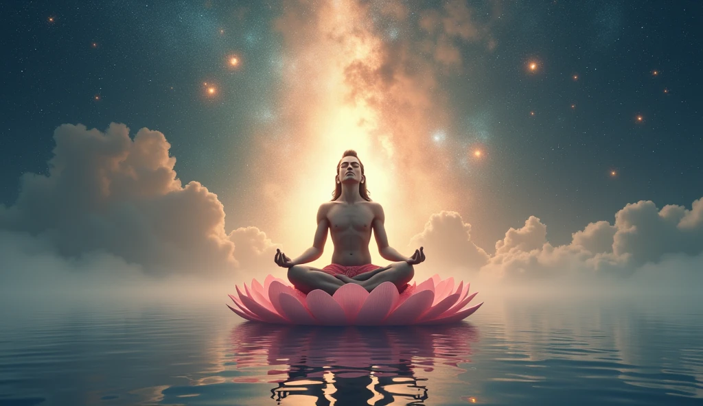 Serene Vishnu in Meditation: Vishnu seated in a lotus position on a giant lotus flower floating in a tranquil cosmic ocean, with his eyes closed in deep meditation and a serene smile on his face.