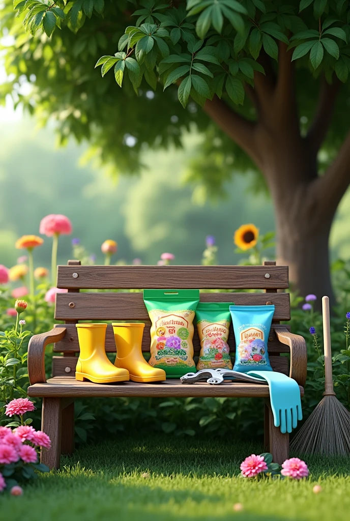 There are 3 packets of fertilizer and a pair of yellow garden rubber shoes and silver flower tree cutting scissors and a pair of blue rubber gloves on a wooden bench under a big tree, there is a broom and also a grass scraper leaning on the edge of the bench, 3D Style with the background of a flower garden