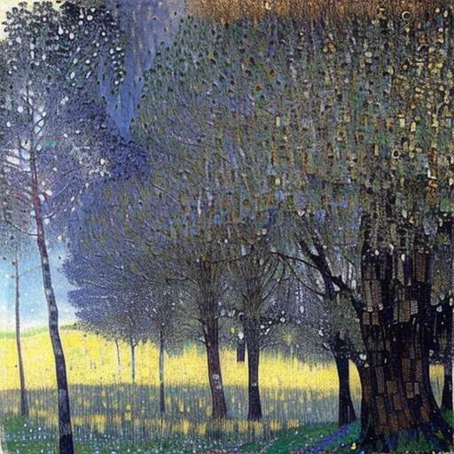 With the lake in the background、Trees in the field々A painting of a cluster of, Gustav Klimt作, By Klimt, By Georges Leman, Gustav Klimt, Henri Le Sidaneer, Pointillisme, Gustav Klimtの絵画, a Pointillism painting, Pointillism, Gustav Klimt・ヨ・ヨナリ