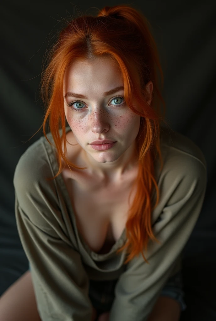 (8k, RAW photo, highest quality),(epic realistic:1.5), a girl, dynamic posture,erotic face,shirt,(detailed eyes:0.8),(looking at the camera:1.4), (highest quality), (best shadow),intricate details,cinematic,((skin:1.4)),interior, (long ponytail ginger hair:1.3),dark studio,(hdr:1.5),detailed, muted colors, freckles, (bright lighting: 0.7), masterpiece, big angle shot, RAW photo (pale 1 Irishwoman, looking up at the viewer) (undressed, disheveled, with bright red matted hair), (sitting), full-length portrait, perfect face, captivating eyes, bright details, pouting lips (high skin detail), freckles, medium breasts, hard nipples (tint: 0.6), (dirty: 0.8), (bloody: 0.7), Key lighting, (backlight: 0.5), medium depth of field, Canon 5D, 50mm lens, f/4 aperture, (ultra-detailed, complex detail), sharp focus, 8k, absurd, 8mm film grain, flirting with camera,sexually,Generate an image of a nude woman lying down with her vagina exposed, showing intimate details