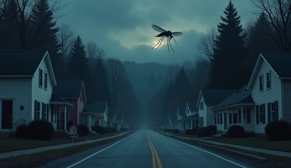 Create a tense and atmospheric scene of a quiet Massachusetts town at dusk, with empty streets and houses with closed doors and windows. The town is surrounded by dense forests, where a subtle, ominous fog begins to creep in. In the sky, a large, menacing mosquito looms, symbolizing the threat of the Eastern Equine Encephalitis virus. The image should convey a sense of urgency and caution, with public health warning signs posted on street corners and residents peering out from behind curtains, illustrating the voluntary lockdown