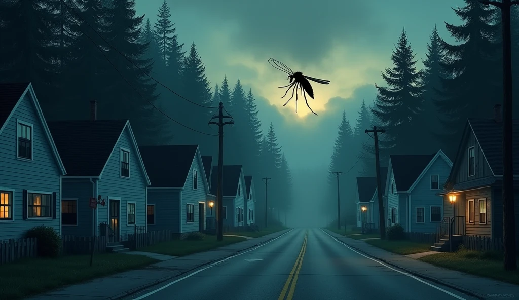 Create a tense and atmospheric scene of a quiet Massachusetts town at dusk, with empty streets and houses with closed doors and windows. The town is surrounded by dense forests, where a subtle, ominous fog begins to creep in. In the sky, a large, menacing mosquito looms, symbolizing the threat of the Eastern Equine Encephalitis virus. The image should convey a sense of urgency and caution, with public health warning signs posted on street corners and residents peering out from behind curtains, illustrating the voluntary lockdown