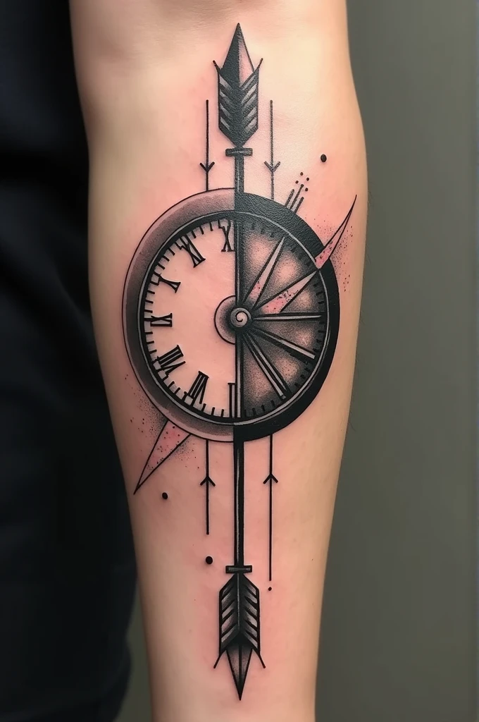 Arrow tattoo with half a clock and half a compass with trails