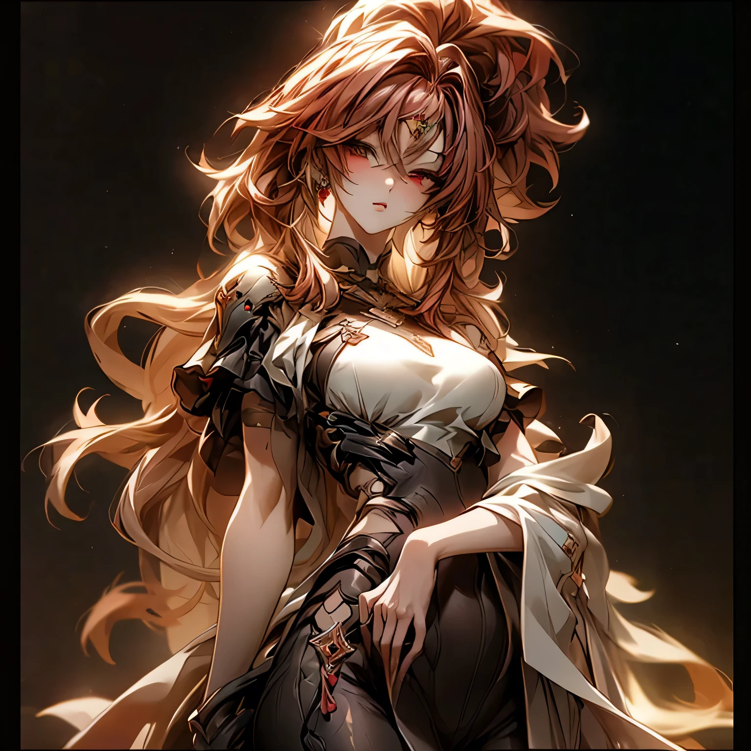 (best quality)), ((Masterpiece)), (details:1.4), 3d, HDR (high dynamic range), an image of a beautiful cyberpunk female, fantasy, Hips up, Red hair, High ponytail, Red eyes, จมูกโด่ง, ปากแดง, หน้าอกใหญ่, nvidia RTX, PBR surface, After processing, Anisotropic filtration,depth of field, Maximum clarity and clarity, multi-layered surface, Subsurface scattering, perfect proportions, 8K raw files, ultra detailed, Perfect proportions, volumetric lighting, soft lighting, Holy Paladin, Heavy black Armor, glossy skin, chapel background, jewely, ต่างหู, นิ้วมือสมบูรณ์,