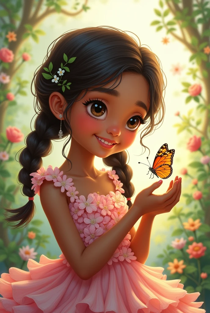Style fée une  de 6 ans métisse avec les yeux marrons qui sourit. Un papillon est posé sur sa main. Elle porte une rove de petale de fleurs dabs les tons roses et verts. Des fleurs sont visibles et des animaux. Elle a deux tresses