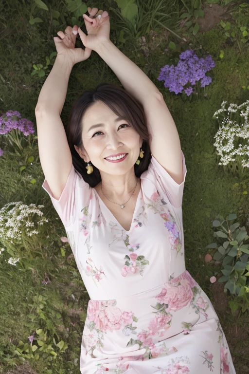 woman in her 50s, beautiful mature japanese woman, long eyelashes, short hair, red lipstick, pink blush, pearl necklace, earrings, heavy eyeshadow, beautiful smile, revealing dress, floral dress, lying in a field of green grass, looking up, arms outstretched