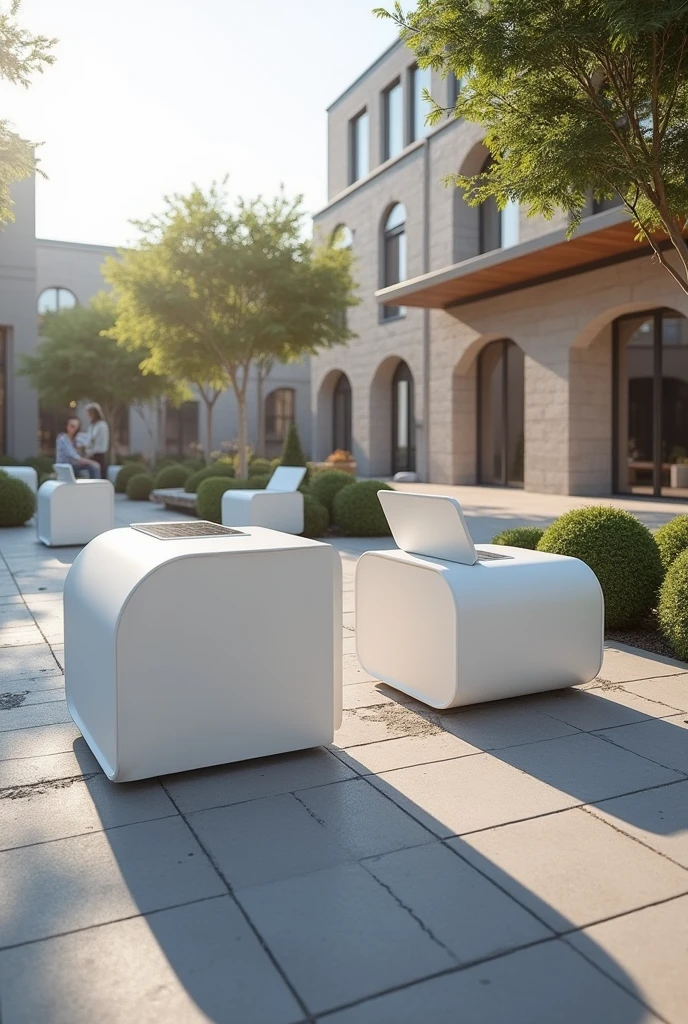 Product with solar panels, that has a simple design, modular and allows people to sit.
