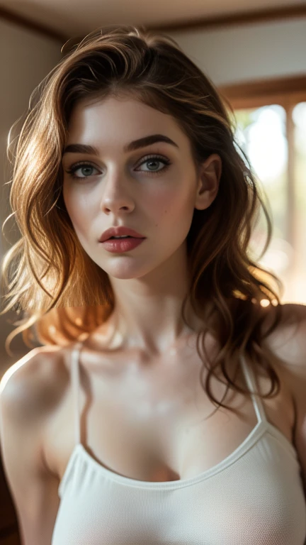 (((ultra realistic))) Photo, masterpiece, top quality, (pale skin), (Ultra detailed face and eyes:1.3), 1 girl, Adult, in a T-shirt, (Eye makeup, mascara) , ((large detailed lips)), ((ash wavy hair)), ((Chyolka)) , (Natural breasts), Slim waist. ((Posing)), photoshoot, studio (soft lighting), (The play of light and shadows), depth of field, bokeh, (special attention to skin detail: 1.2), Detailed leather texture, skin pores. (Airy atmosphere of the frame. Color range - delicate, Bright, white, Pink tones), UDR, ((Film grain)), ((rays)), ((glare of the sun)), ((waist up portrait, close to the camera)) , ultra detialed,