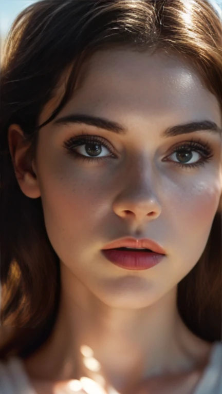 (((ultra realistic))) Photo, masterpiece, top quality, (pale skin), (Ultra detailed face and eyes:1.3), 1 girl, Adult, in a T-shirt, (Eye makeup, mascara) , ((large detailed lips)), ((ash wavy hair)), ((Chyolka)) , (Natural breasts), Slim waist. ((Posing)), photoshoot, studio (soft lighting), (The play of light and shadows), depth of field, bokeh, (special attention to skin detail: 1.2), Detailed leather texture, skin pores. (Airy atmosphere of the frame. Color range - delicate, Bright, white, Pink tones), UDR, ((Film grain)), ((rays)), ((glare of the sun)), ((waist up portrait, close to the camera)) , ultra detialed,