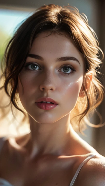 (((ultra realistic))) Photo, masterpiece, top quality, (pale skin), (Ultra detailed face and eyes:1.3), 1 girl, Adult, in a T-shirt, (Eye makeup, mascara) , ((large detailed lips)), ((ash wavy hair)), ((Chyolka)) , (Natural breasts), Slim waist. ((Posing)), photoshoot, studio (soft lighting), (The play of light and shadows), depth of field, bokeh, (special attention to skin detail: 1.2), Detailed leather texture, skin pores. (Airy atmosphere of the frame. Color range - delicate, Bright, white, Pink tones), UDR, ((Film grain)), ((rays)), ((glare of the sun)), ((waist up portrait, close to the camera)) , ultra detialed,