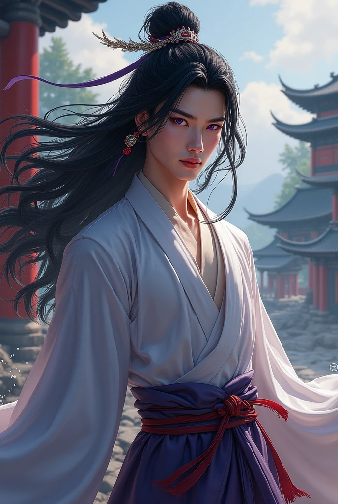 Martial arts world, long black hair,  purple eyes, white skin, handsome man, Orientalism, Oriental style clothes, neat and clean, Like a novel illustration, 
