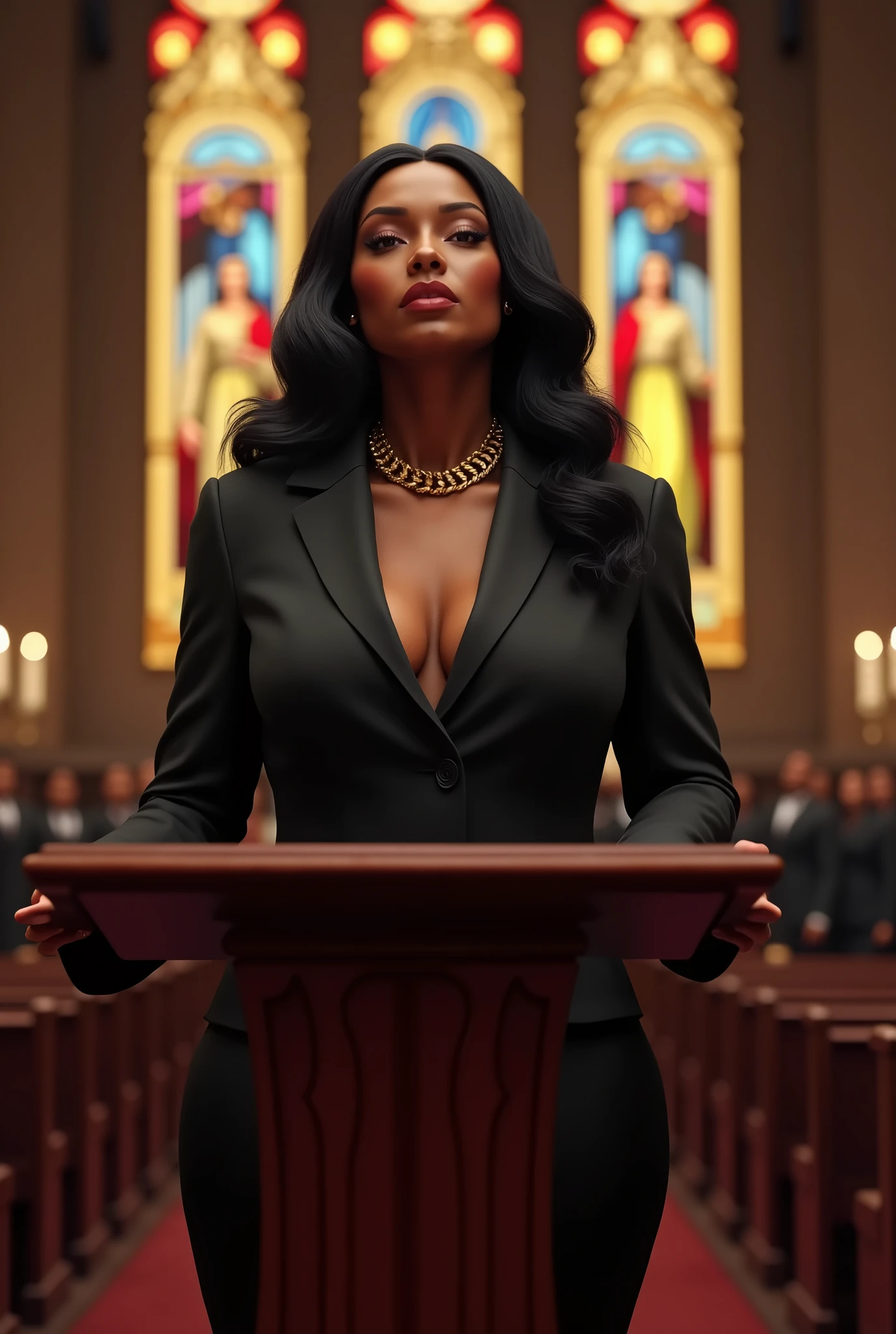 A body that looks like its clothes will burst with muscles,Create a high-resolution realist 3d image of a dark skin toned melanin elegant woman with a findom dominant and commanding persona and Prescence wearing luxurious attire, such as a tailored suits or designer dress, and posed in a confident stance. full body tall and plus size curvey body 5'9 265 lbs This mage should exude power, control, and sophistication, with a hint of mystery. the back ground is lavish hight rise office or a luxurious richly decotated tool reflecting wealth and power ,delivering a powerful speech inside a traditional gospel church. She stands at a wooden podium, dressed in an elegant black suit with a gold chain necklace. The church is warmly lit with stained glass windows depicting religious scenes. A choir, also in traditional gospel attire, is positioned behind her, singing passionately. The church is filled with an attentive congregation, and the atmosphere is vibrant and inspiring, combining historical architecture with a spiritual ambiance.