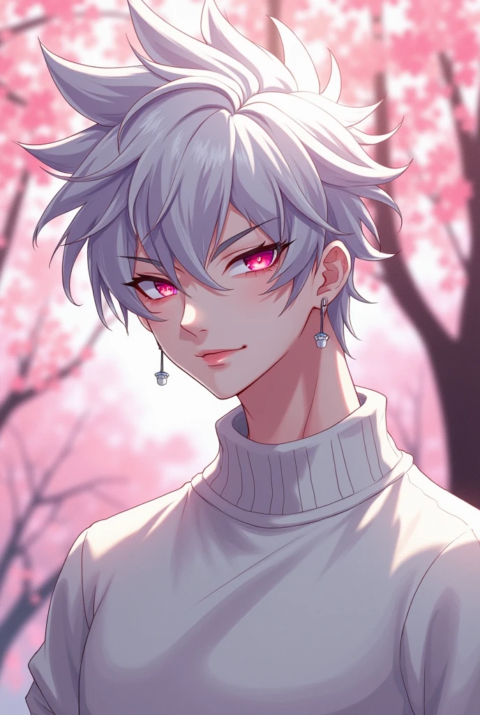 anime character, White hair, spiky hair, Pale skin, pink eyes, Long white eyelashes, male, muscular, white small earrings, big glossy lips, cherry blossom trees, grey eyebrows, white sweater, 
