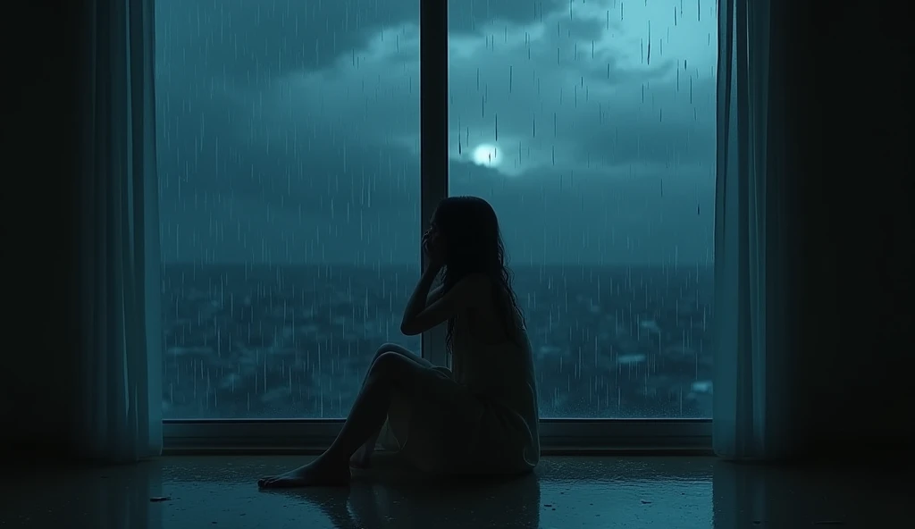 A girl is sitting near a glass window and crying. The girl is in a lot of trouble, so she is crying a lot. The girl is sitting so that her whole body is visible. The girl is more than 1. The image will be enemy related. It's raining outside so it can be seen and there are raindrops on the window glass. The sky is night outside. The whole background will only be in the glass window because the window is too big. There will be little light in the room so that the girl can be clearly seen. The picture is cinematic.
