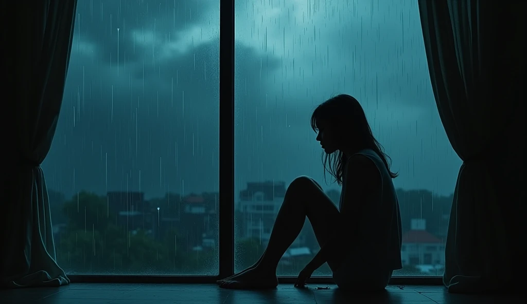 A girl is sitting near a glass window and crying. The girl is in a lot of trouble, so she is crying a lot. The girl is sitting so that her whole body is visible. The girl is more than 1. The image will be enemy related. It's raining outside so it can be seen and there are raindrops on the window glass. The sky is night outside. The whole background will only be in the glass window because the window is too big. There will be little light in the room so that the girl can be clearly seen. The picture is cinematic.