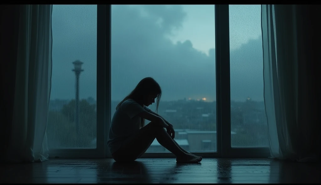 A girl is sitting near a glass window and crying. The girl is in a lot of trouble, so she is crying a lot. The girl is sitting so that her whole body is visible. The girl is more than 1. The image will be enemy related. It's raining outside so it can be seen and there are raindrops on the window glass. The sky is night outside. The whole background will only be in the glass window because the window is too big. There will be little light in the room so that the girl can be clearly seen. The picture is cinematic.