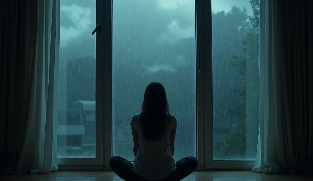 A girl is sitting near a glass window and crying. The girl is in a lot of trouble, so she is crying a lot. The girl is sitting so that her whole body is visible. The girl is more than 1. The image will be enemy related. It's raining outside so it can be seen and there are raindrops on the window glass. The sky is night outside. The whole background will only be in the glass window because the window is too big. There will be little light in the room so that the girl can be clearly seen. The picture is cinematic.