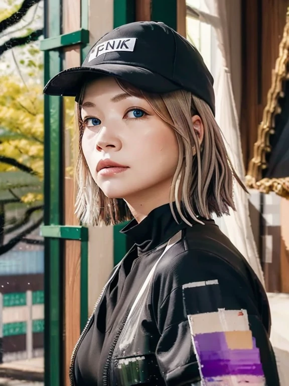 masterpiece, Highest quality, 4K, Ultra-high resolution, mishoujo, Painting, Beautiful eyes and fine face, figure, Beautiful details, high resolution figure, Shine_white_particle, One person, white hair, Light purple eyes, Hair on one eye, Short side details, Baseball cap,Expressionless, Window Shades, Black jacket, Chest Rig, cyber punk, Techwear,(Impressionism:1.4)