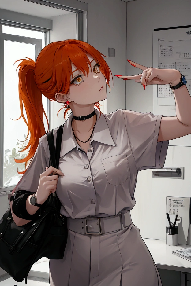Nurse Orange hair tied in a ponytail Yellow eyes Looking sideways at another coworker Very possessive of her own She seems pretty but she is not Young 20 years old Wears a watch on her right hand Hospital hallway in the morning Light reflecting from the window Uniform of personnel manager Wears round glasses Very competitive and uncooperative Can&#39;t stand what she doesn&#39;t have She carries her notebook to write down any mistakes made by others, He has a nose piercing and wears very classic star-shaped earrings because he thinks he is very self-important.   