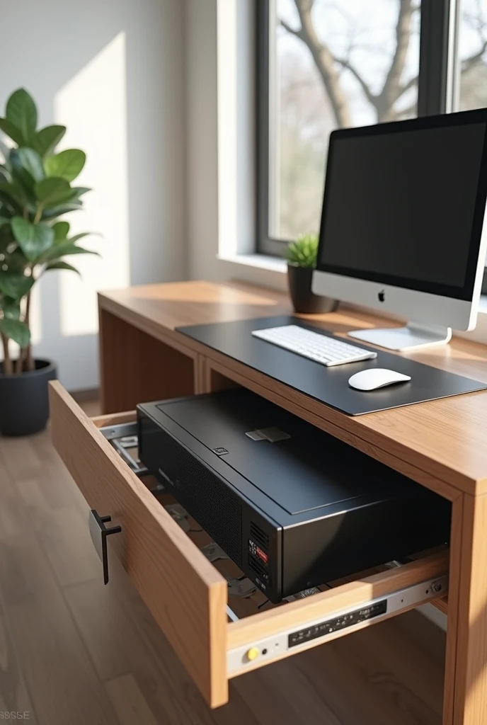 (photorealism:1.2), A computer table where pc can be lock in a box of the table
